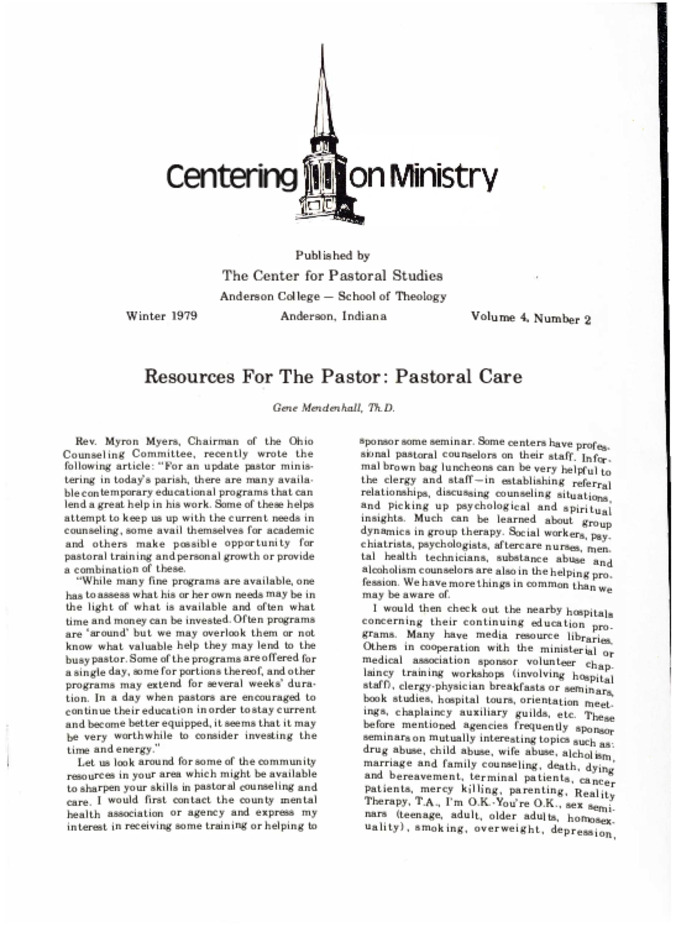 Centering on Ministry Vol 4 No 2 (Winter 1979) Thumbnail